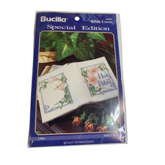 Bucilla Stamped Fabric Bible Cover Kit Lilies 64201 - Picture 1 of 6